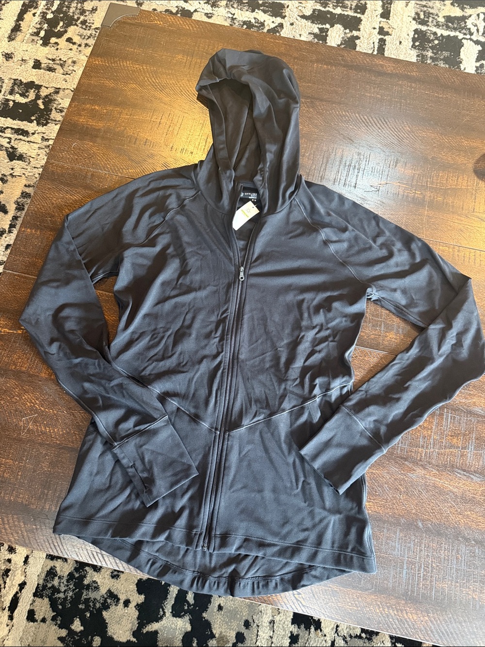 aerie Black Hooded Running Jacket - Lightweight Zip Front
